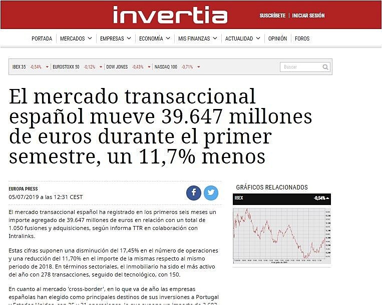 El mercado transaccional espaol mueve 39.647 millones de euros durante el primer semestre, un 11,7% menos